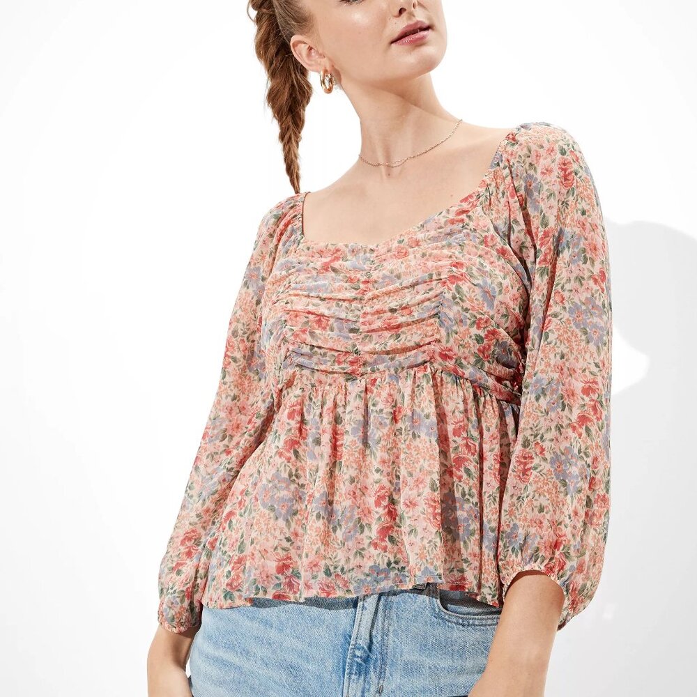 NWT AE Chiffon Ruched Babydoll Top in Blush Sz M